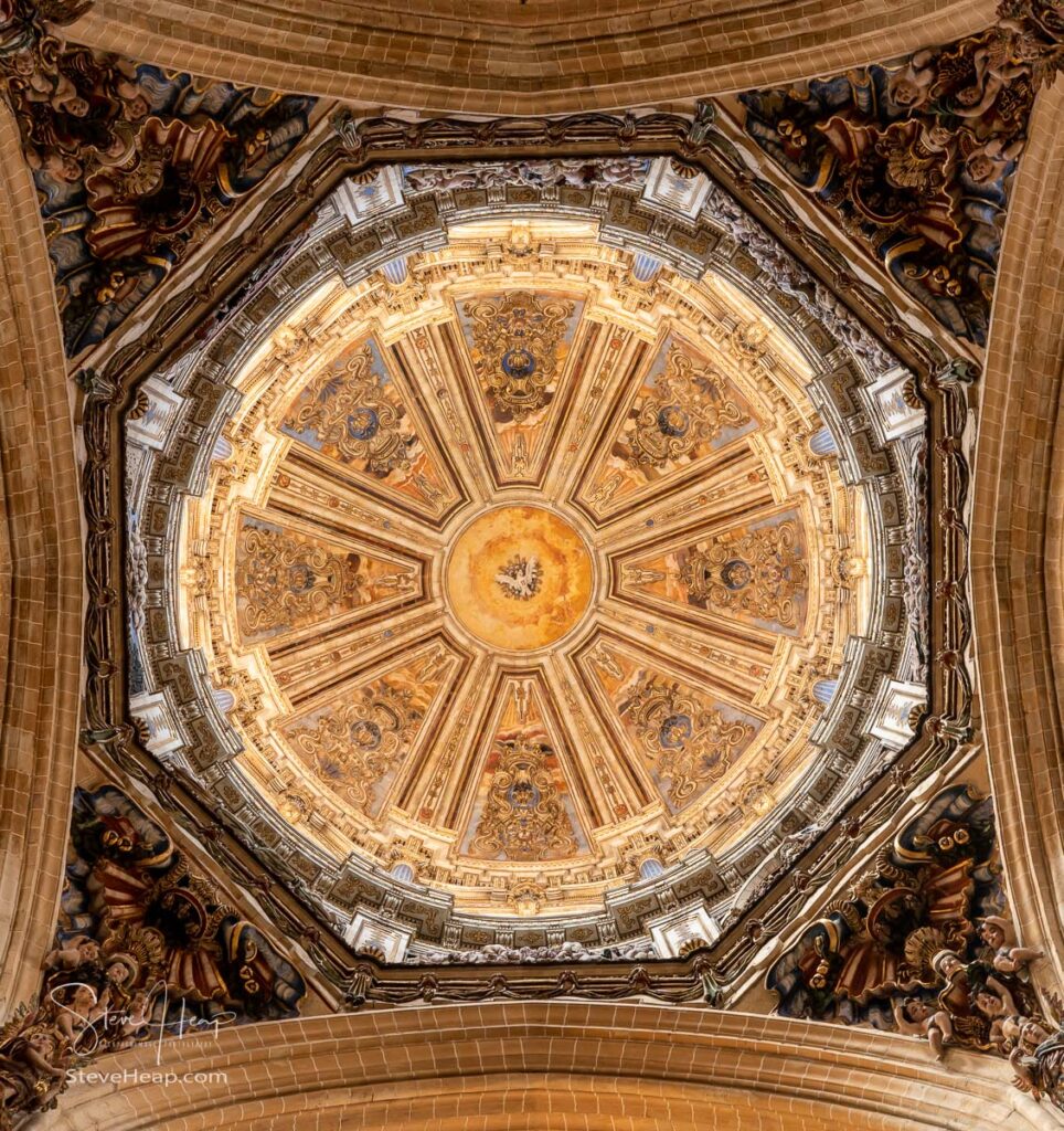 Detail of the ornate painted domed ceiling inside the New Cathedral in Salamanca