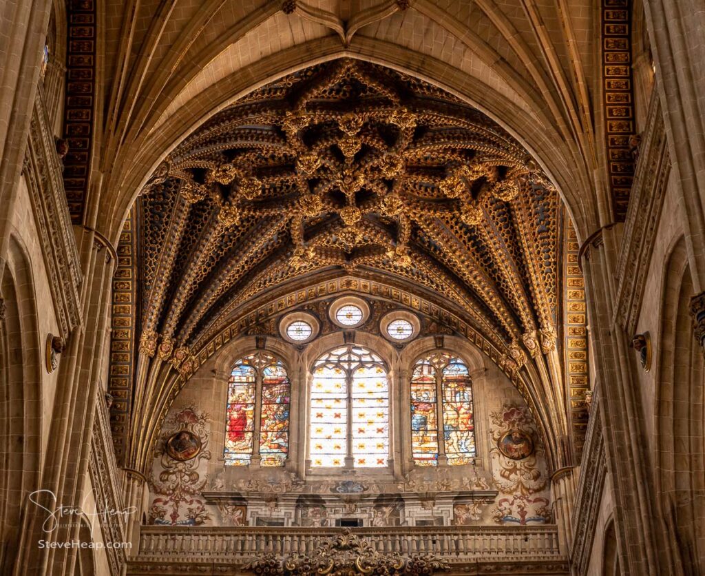 Detail of the ornate wooden carved ceiling inside the Old Cathedral in Salamanca