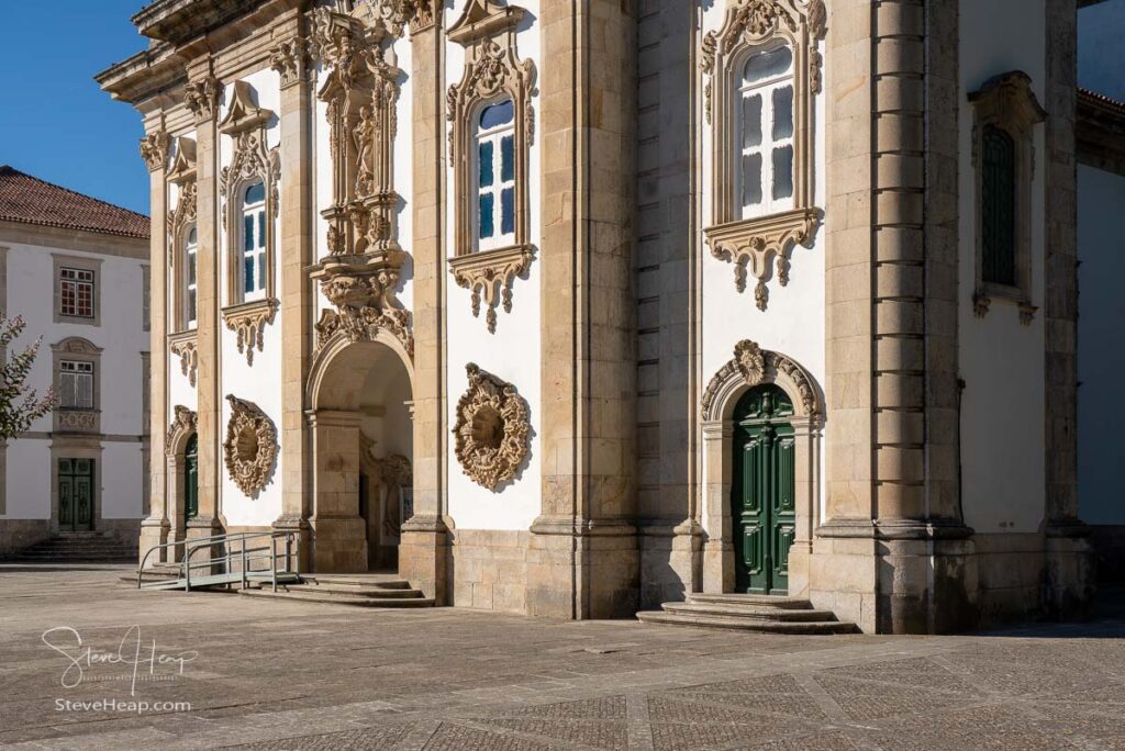 Entrance to Santuario de Nossa Senhora dos Remedios at the top of the baroque staircase above Lamego in Portugal