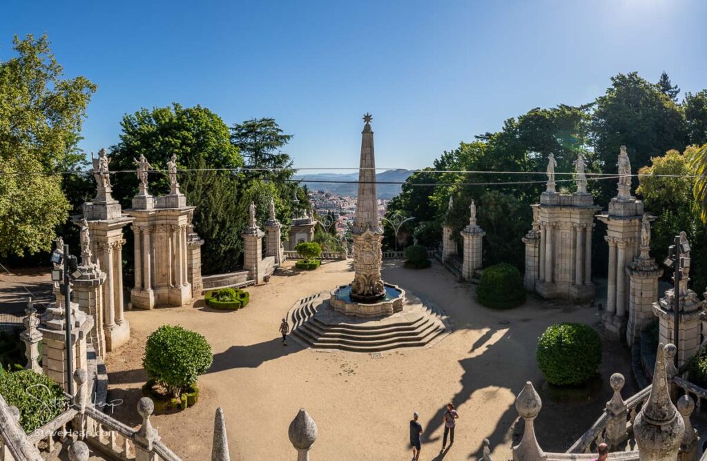 Tourists climb the baroque staircase to the Santuario de Nossa Senhora dos Remedios church in Lamego