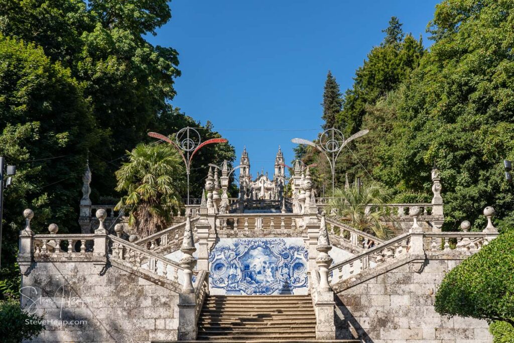 Many sets of stairs in the baroque staircase to the Santuario de Nossa Senhora dos Remedios church