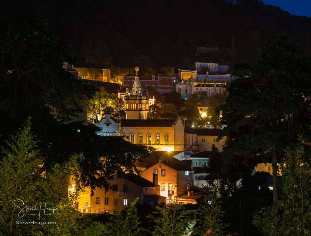 Night view of the Portuguese town of Sintra with the spectacular town hall in the foreground