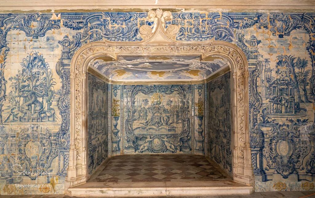 Ancient azulejo tiled alcove off the courtyard of the National Palace in Sintra near Lisbon