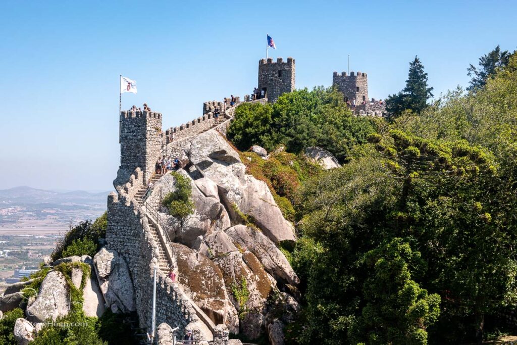Tourists on the walls of the Moorish fortress above the Portuguese town of Sintra