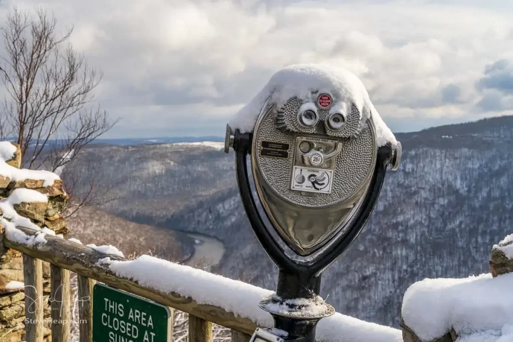 Coin operated binoculars with a nice coating of snow across the top seen at Coopers Rock overlook near Morgantown. Prints available in my online store