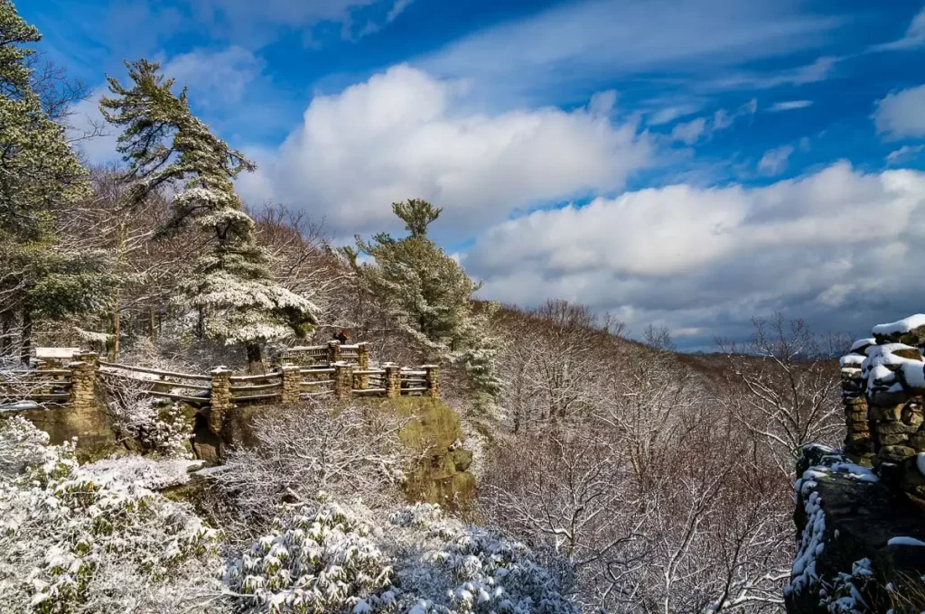 Snow covered trees and viewing platforms at Coopers Rock state forest and overlook near Morgantown WV. Prints in my online store