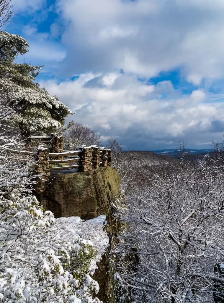 Snow covered trees and viewing platforms at Coopers Rock state forest and overlook near Morgantown WV. Prints in my online store