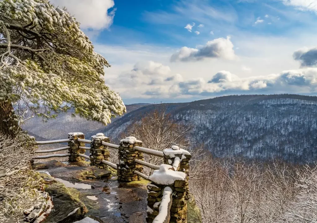 Snow covered trees and viewing platforms at Coopers Rock state forest and overlook near Morgantown WV. Prints in my online store