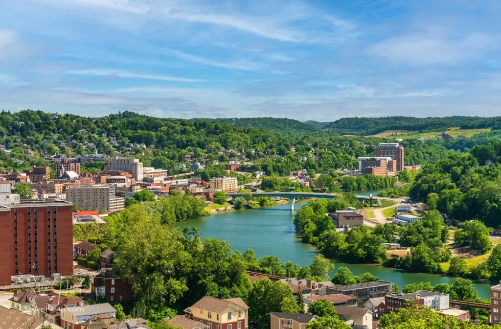 View of the downtown area of Morgantown WV and campus of West Virginia University