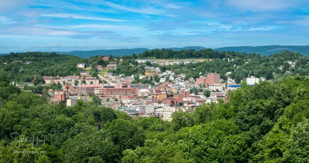 View of the downtown area of Morgantown WV and campus of West Virginia University.