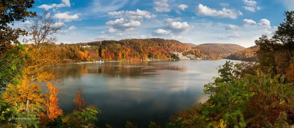 Panorama of the autumn fall colors surrounding Cheat Lake near Morgantown West Virginia