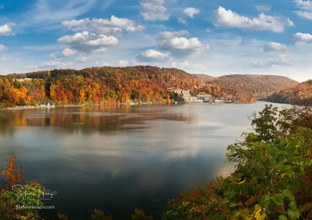 Panorama of the autumn fall colors surrounding Cheat Lake near Morgantown West Virginia