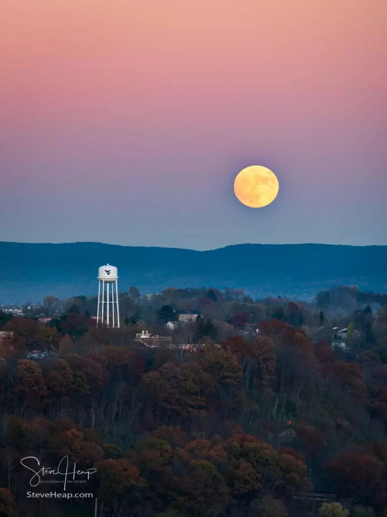Harvest Supermoon rises over the campus of West Virginia University in Morgantown WV on November 13 2016. This moon is the closest to the earth for several decades.
