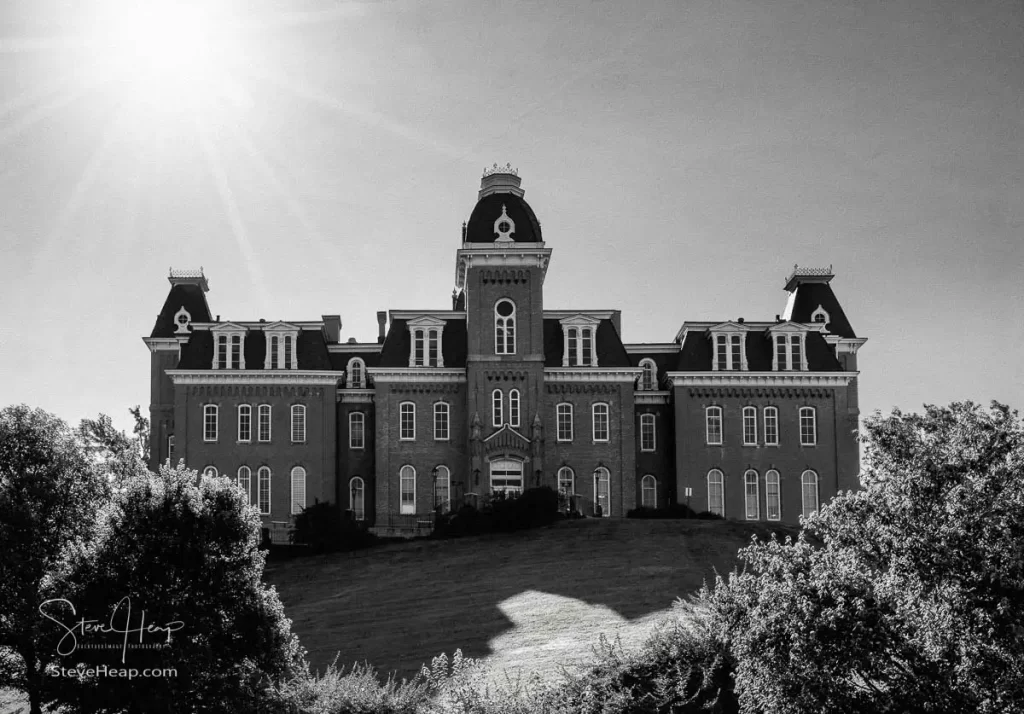 Old fashioned black and white image of Woodburn Hall at West Virginia University or WVU in Morgantown. Would make an ideal gift for a recent graduate of the college