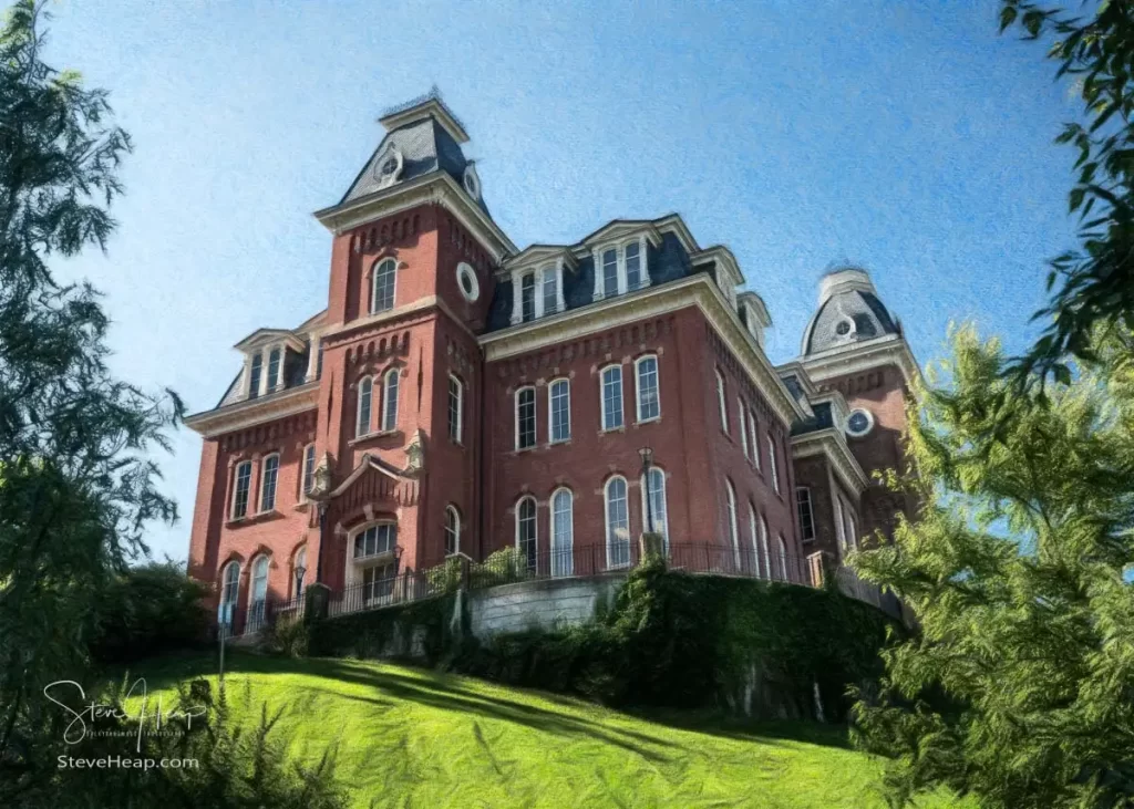 Color pencil sketch of the historic Woodburn Hall at West Virginia University or WVU in Morgantown WV seen from below and looking up towards the rear and side of the building.