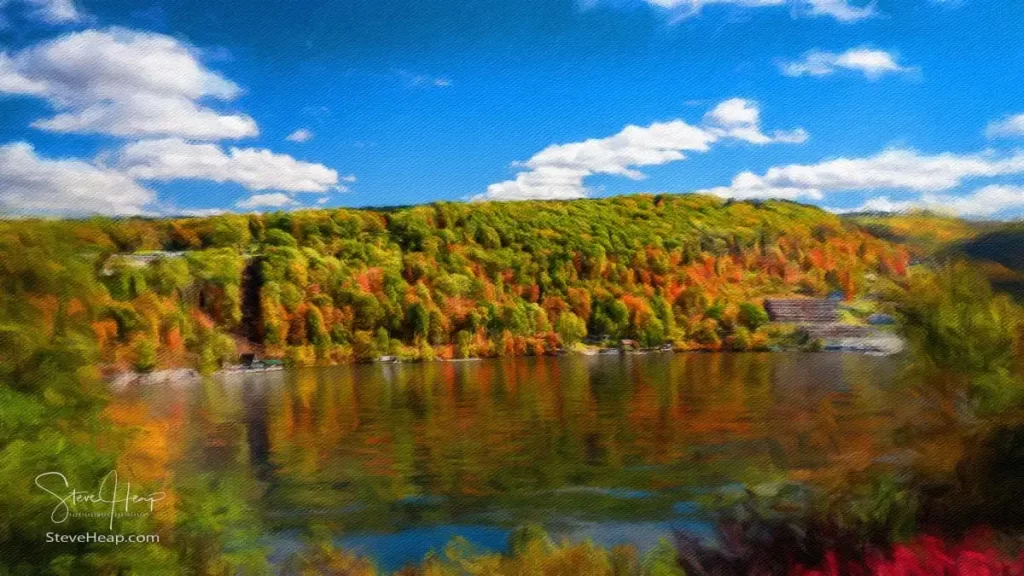 Digital oil painting of a panorama of the autumn fall colors surrounding Cheat Lake near Morgantown West Virginia