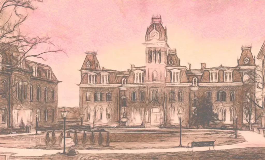 Digital art crayon sketch of Woodburn Hall at West Virginia University or WVU in Morgantown WV as the sun sets behind the illuminated historic building