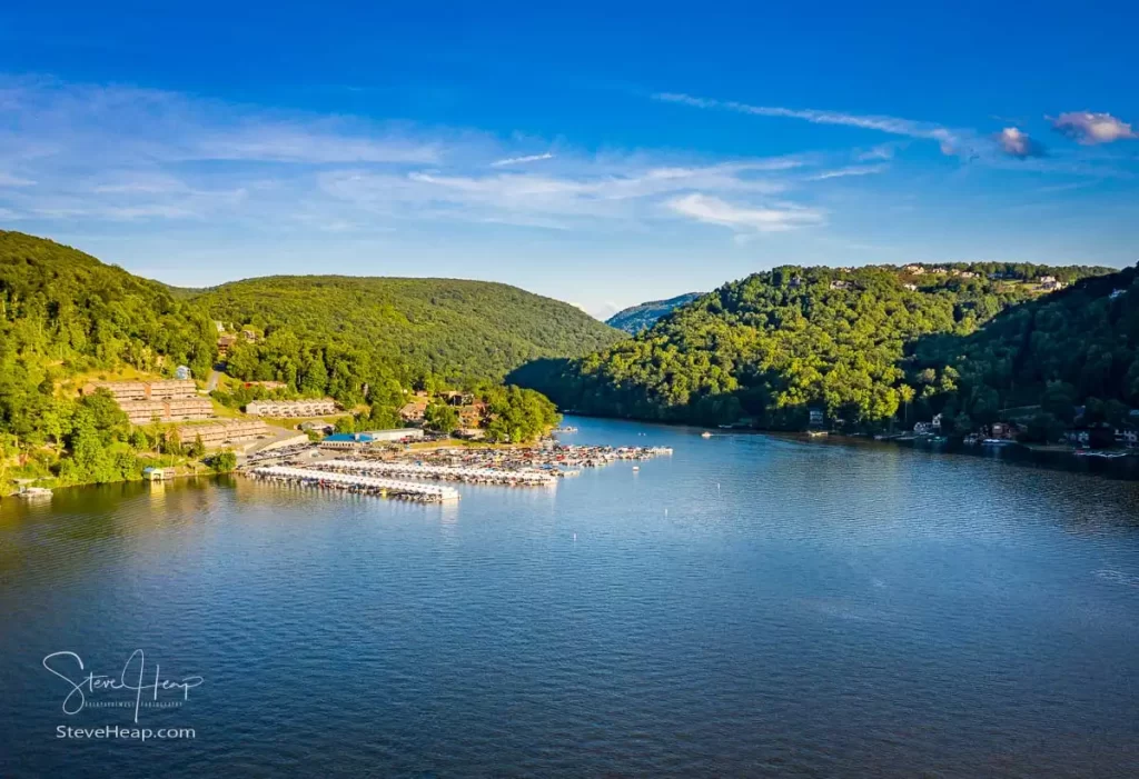 Wide panoramic view of Cheat Lake near Morgantown in West Virginia from aerial drone shot above the water