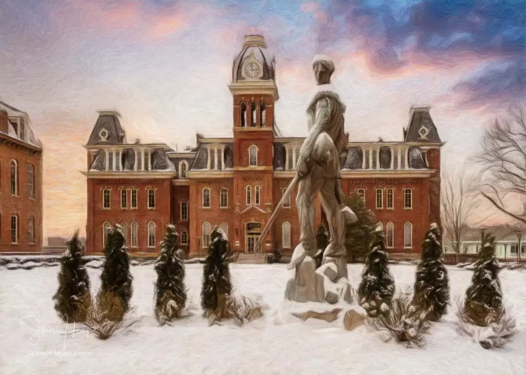 Colored pencil view of the famous WVU mascot The Mountaineer surveys the historic Woodburn Hall. A composite of the statue into position in the gardens surrounding the hall to make a perfect graduation gift for a graduating student from the university