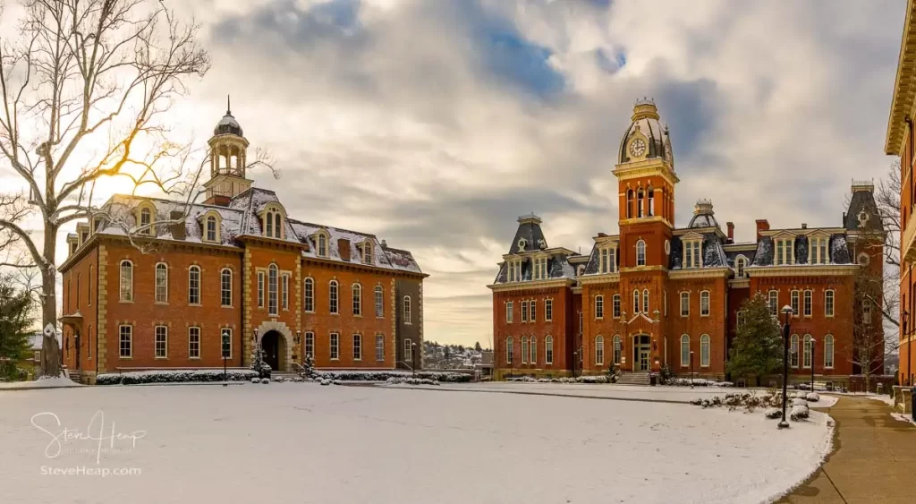 Dramatic image of Woodburn Circle at West Virginia University or WVU in Morgantown WV after a snow fall around the historic building. Panorama shows Woodburn Hall and Martin Hall. Perfect for a graduation gift for your student or to grace the wall of a faculty office!