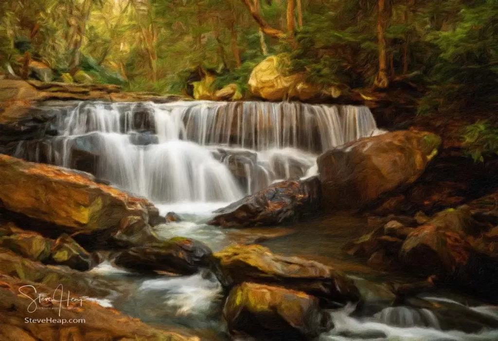 Impressionistic digital oil painting of the cascade of waterfall during autumn with blurred motion on Deckers Creek running by Route 7 near Masontown