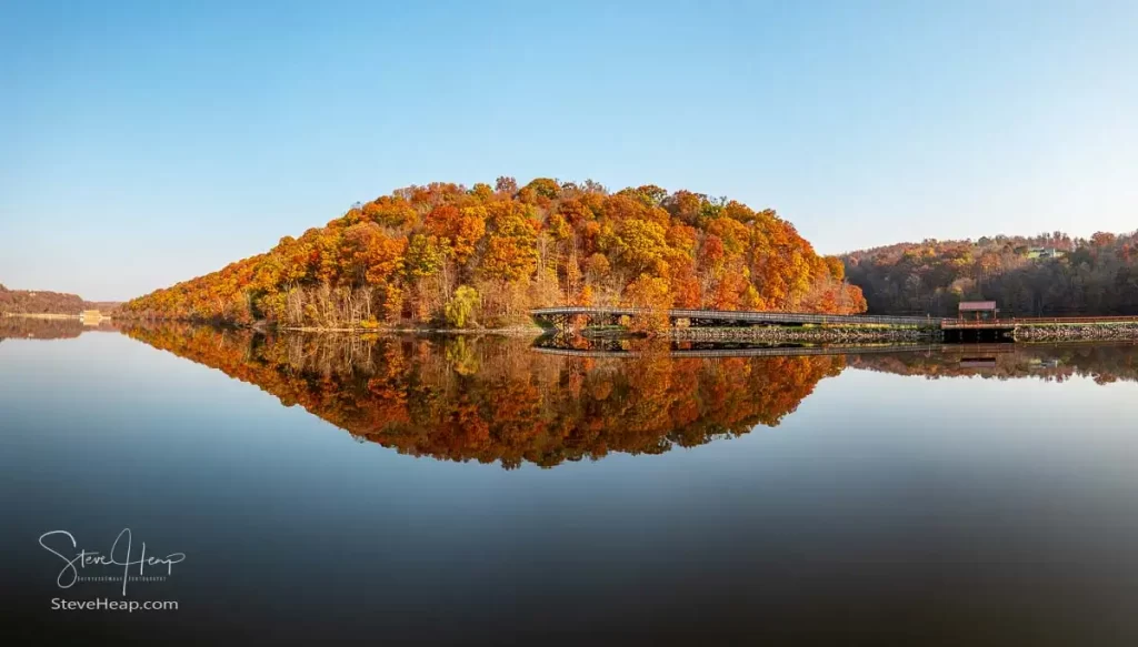 Warm light on the park at Cheat Lake near Morgantown West Virginia on a beautiful calm autumn day