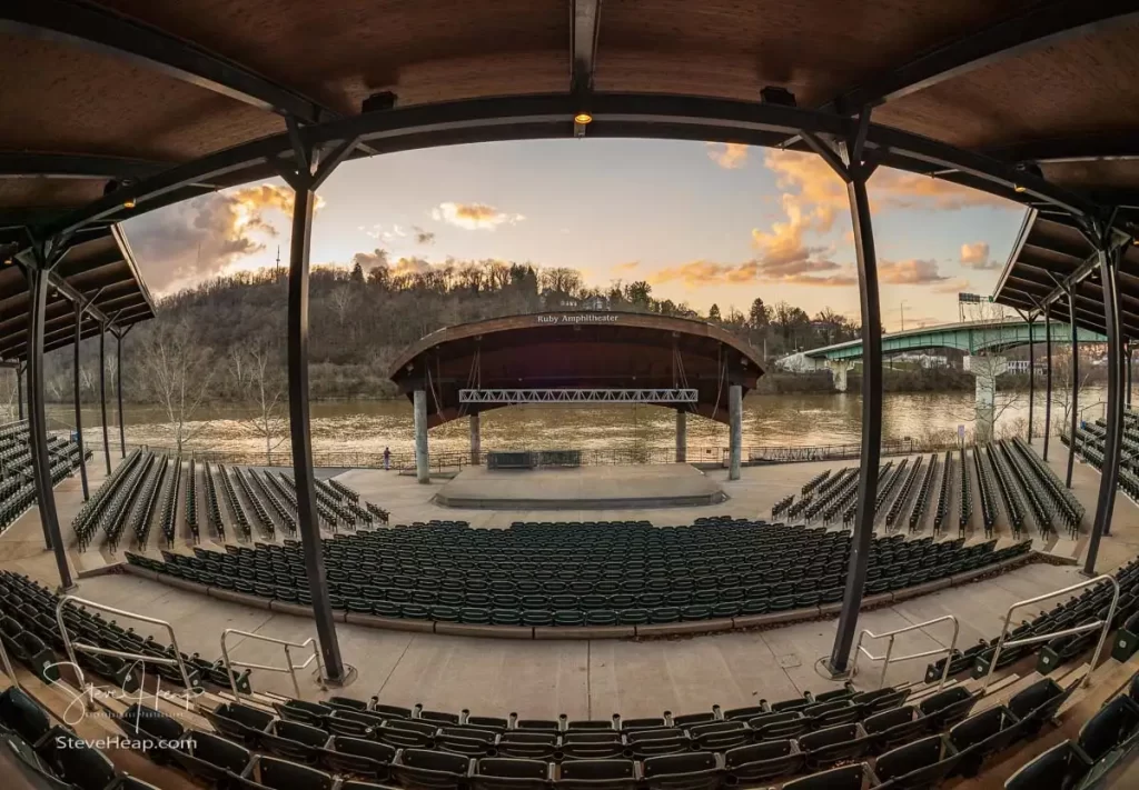 Fish eye wide angle lens view of the Ruby Amphitheater by the river in Morgantown West Virginia at sunset