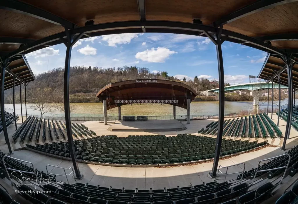 Fish eye wide angle lens view of the Ruby Amphitheater by the river in Morgantown West Virginia in spring