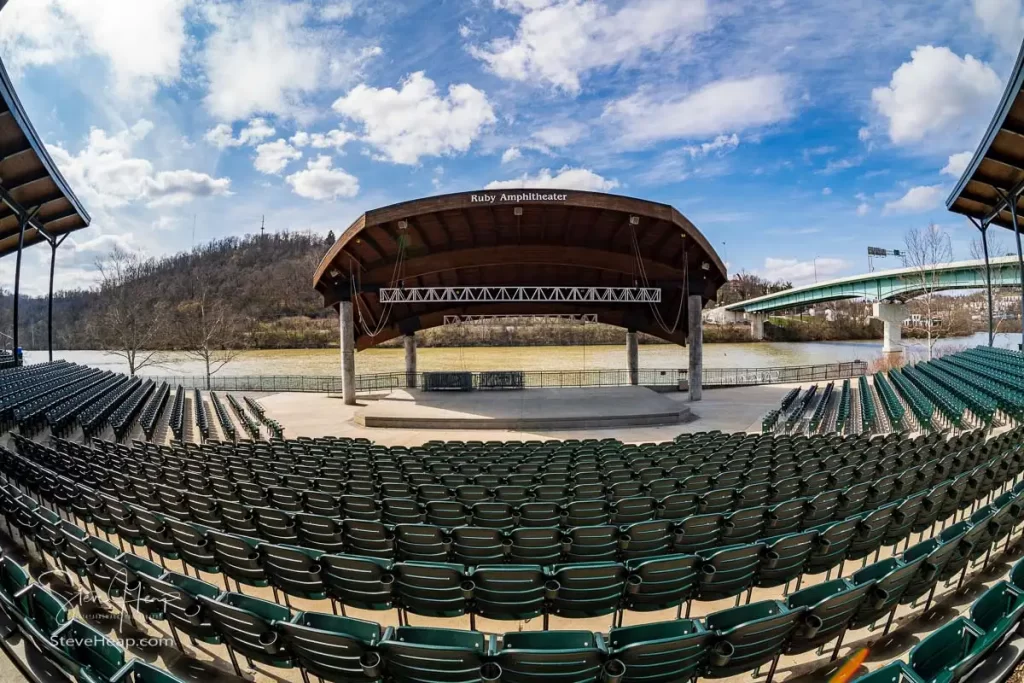 Fish eye wide angle lens view of the Ruby Amphitheater by the river in Morgantown West Virginia in spring