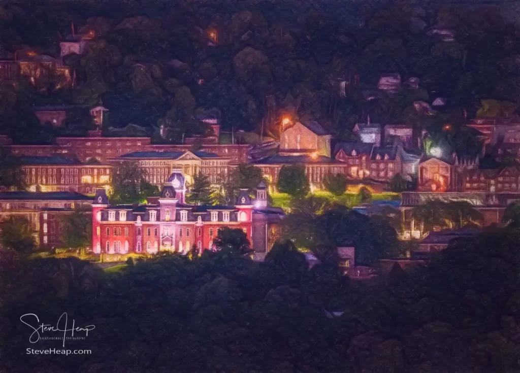 Digital painting using pastel crayons of the downtown campus of West Virginia university and Woodburn hall as dusk and lights give a warm glow to Morgantown WV