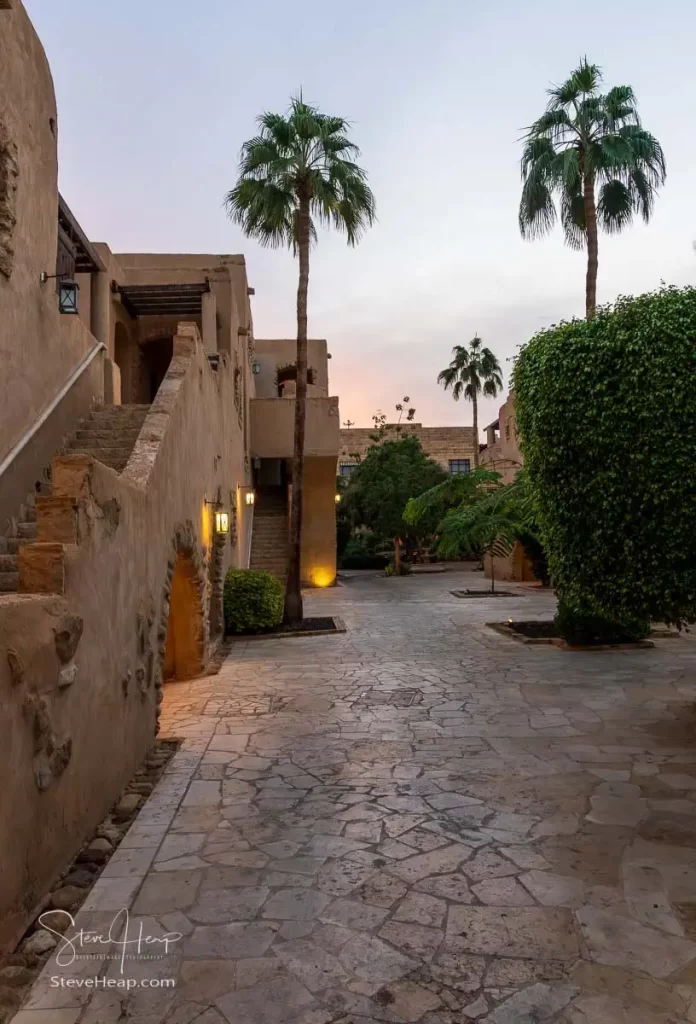 Lights illuminate the Moorish courtyards around the hotel by the Dead Sea