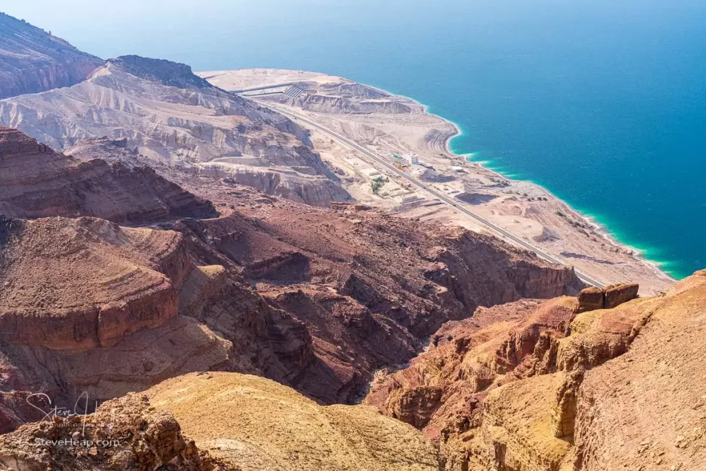 View down to the coastline of the Dead Sea from the Panorama complex