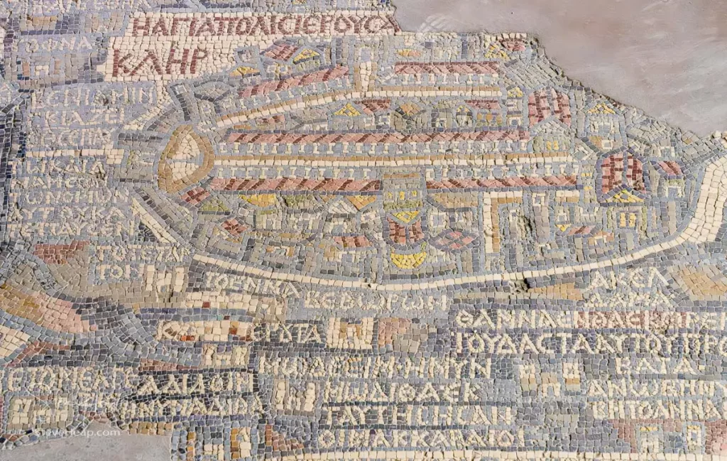 The intricate mosaic map depicting the Holy Land, located within the Byzantine church of Saint George in Madaba, Jordan.