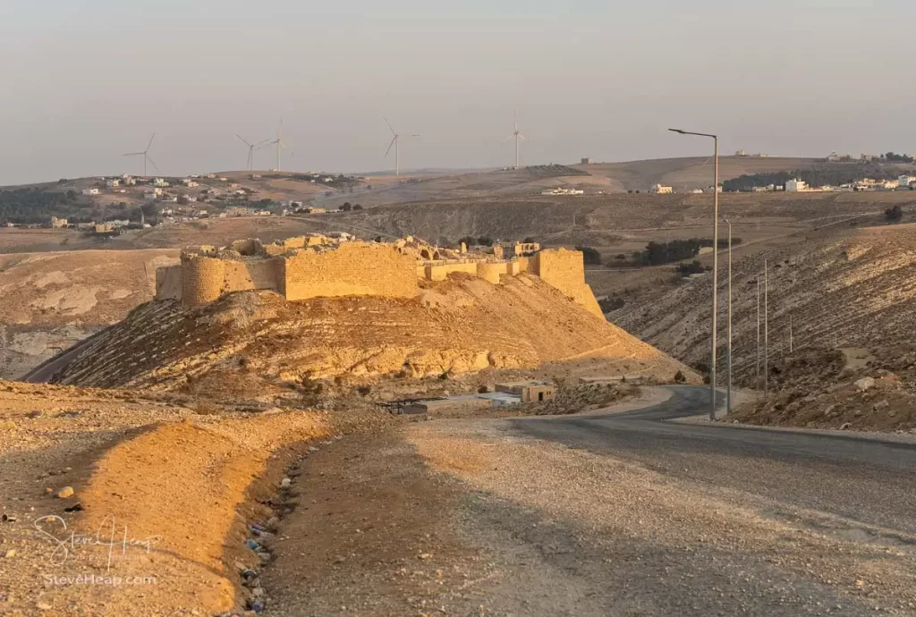 The Shonak Castle stands majestically on a hilltop, overlooking the surrounding landscape of Jordan.