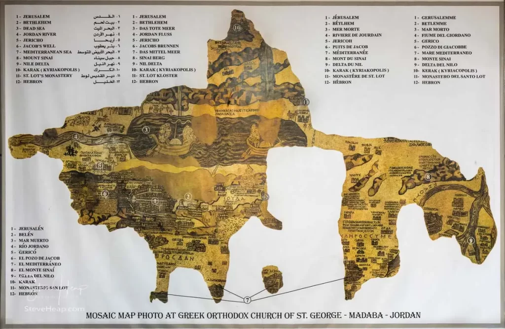 The oldest cartographic mosaic map of the Holy Land exhibited at the Greek Orthodox Church of St. George in Madaba, Jordan, showcasing key biblical locations.