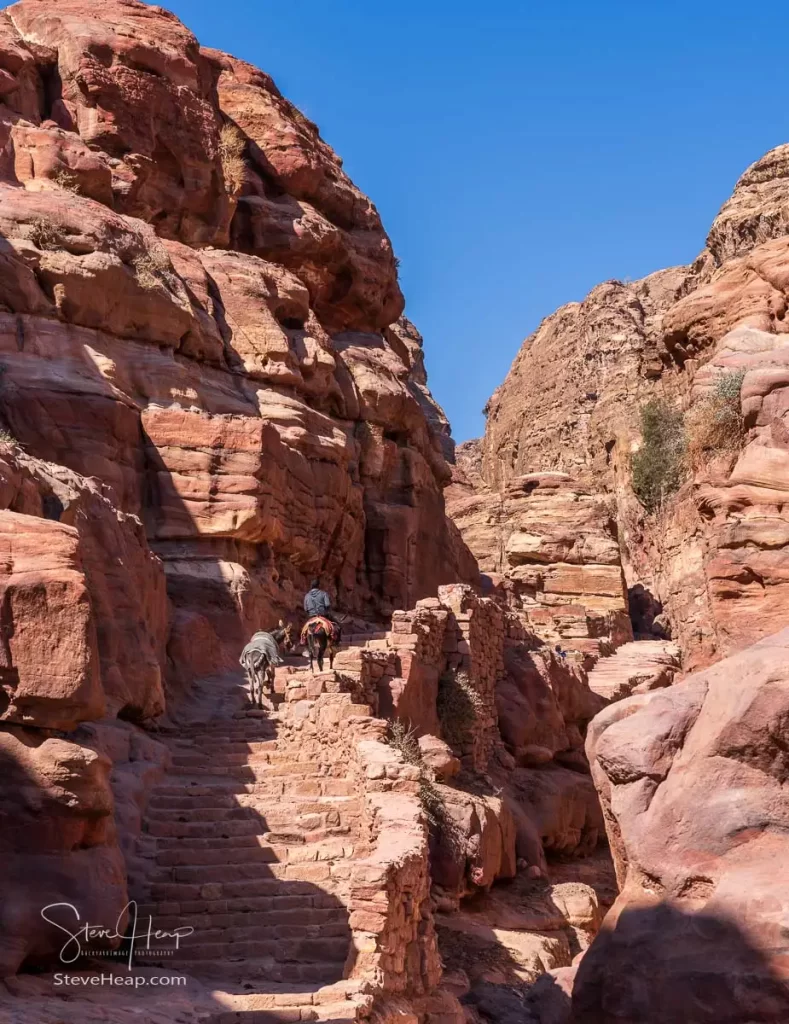 Rider and his donkey on the trail to Ad Deir or the Monastery from Petra which is 1.6km and 800 steps