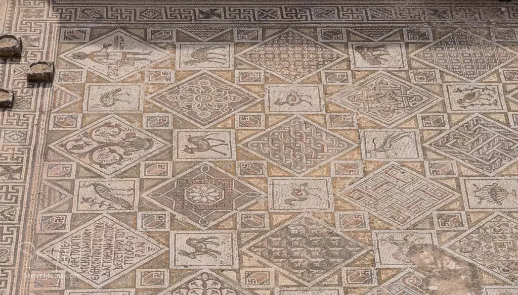 Beautiful mosaic floor in the Church of SS Cosmas and Damian in Jerash