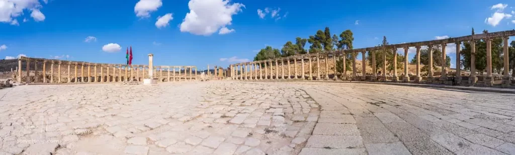 The full panorama of the Oval Plaza in the Roman city of Jerash