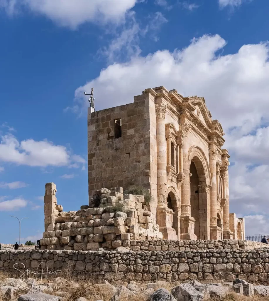The monumental gateway of Hadrian's Arch in Jerash, a Greco-Roman well preserved city in Jordan