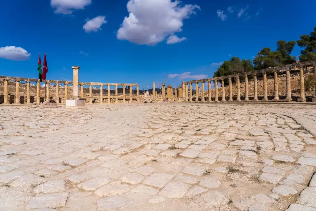 Just a part of the Oval Plaza in the roman city of Jerash in Jordan