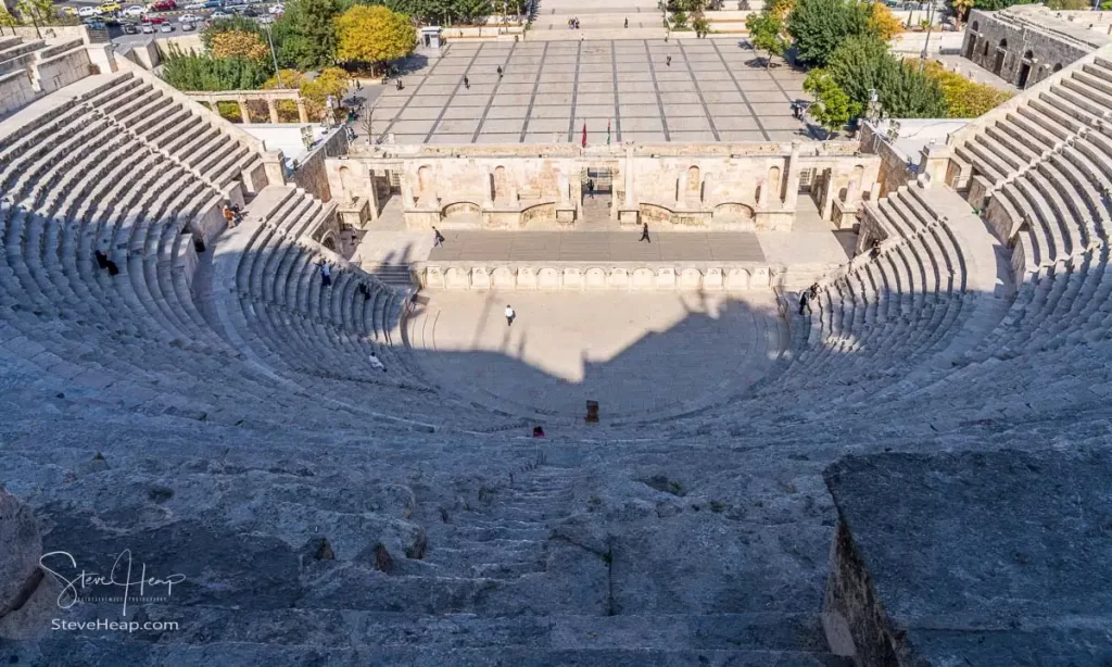 View down from the top row of seats in the Roman Theatre of Amman