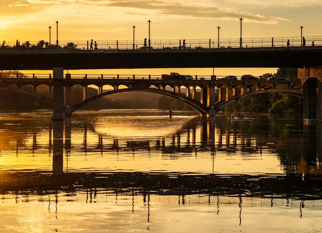Pfluger Pedestrian bridge with the Lamar Boulevard Bridge at sunset in Austin. Prints available in my online store