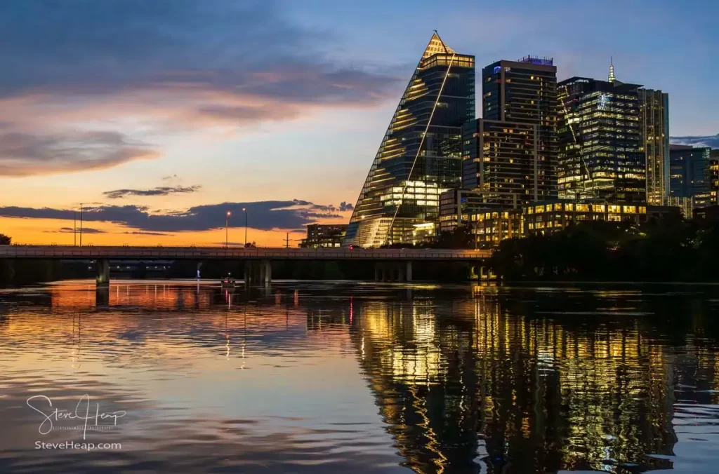 The Austin skyline reflected in Lady Bird Lake after sunset. Prints available in my online store