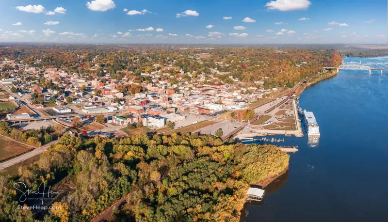 Drone view of the small town of Hannibal in Missouri, the home of Mark Twain, with the Viking Mississippi docked in the town