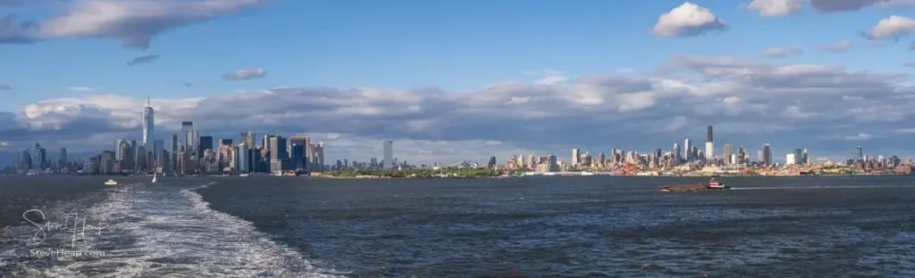 Wide panorama of Manhattan and Brooklyn seen from the departing Viking Neptune leaving New York City bound for Iceland