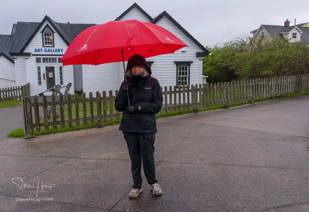 Braving the weather at our first visit to Peggy's Cove in Nova Scotia