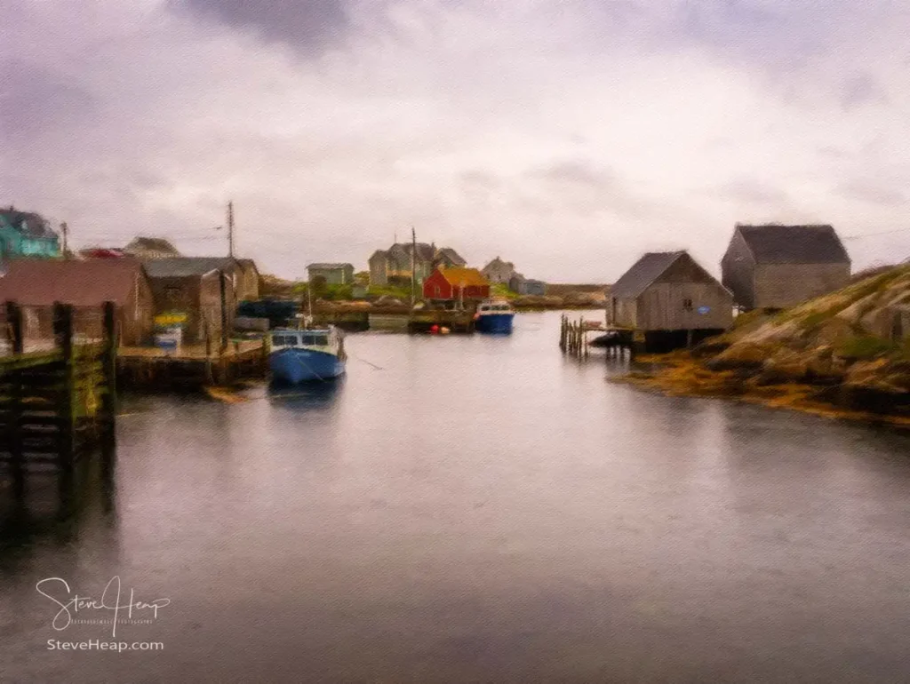Digital oil painting of a cloudy day over the harbor of Peggy's Cove in Nova Scotia