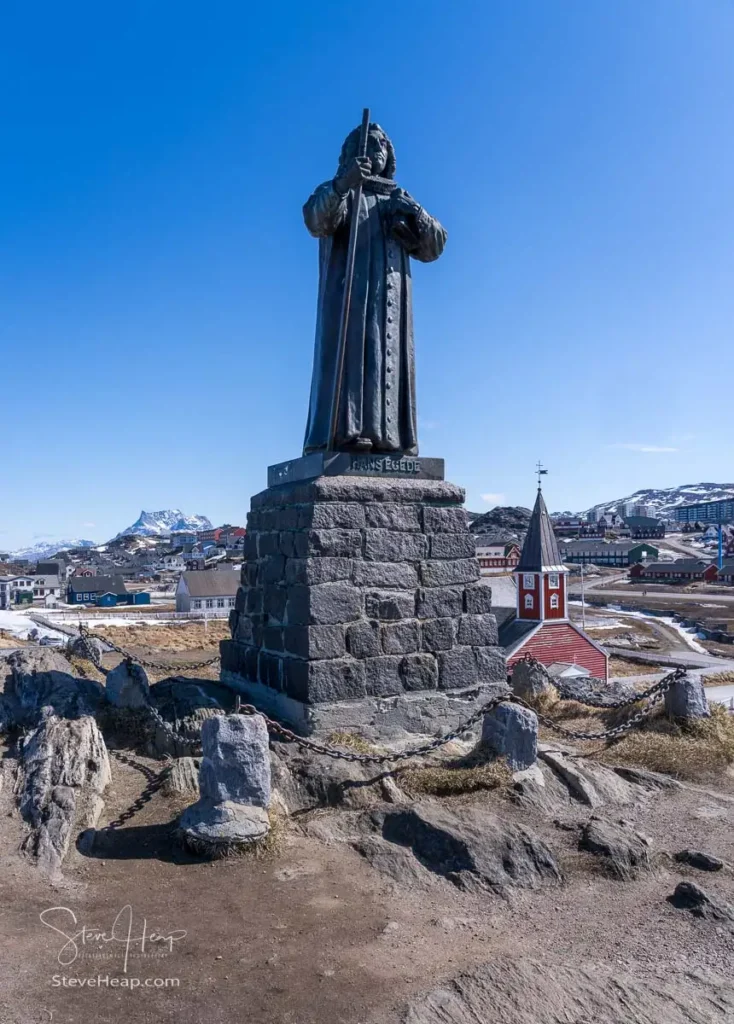 Memorial to Hans Egede, founder of Nuuk on a hilltop by Colonial harbor in Greenland
