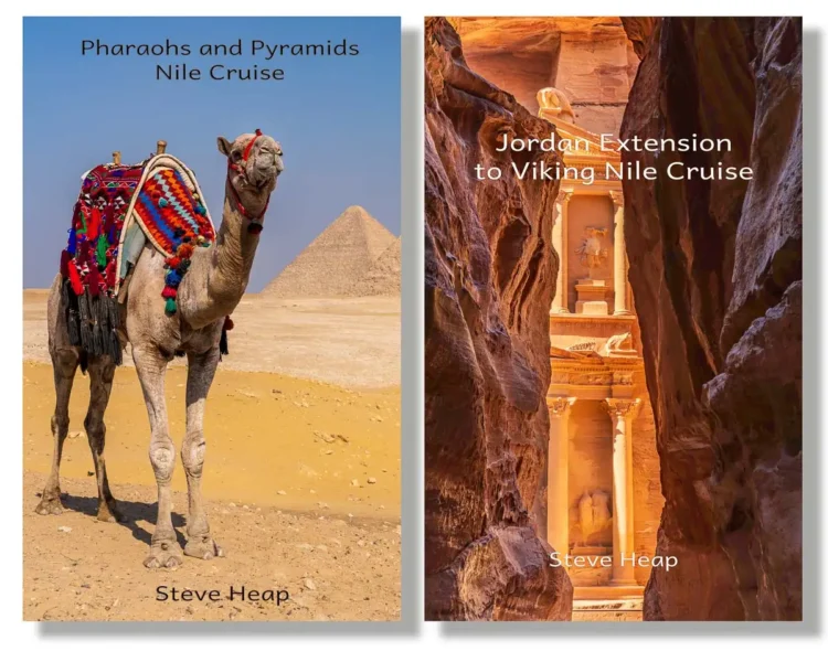 Covers of the comprehensive eBook reviews that are free to download on the Viking Pharaohs and Pyramids Nile cruise and the extension to Jordan including the visit to Petra
