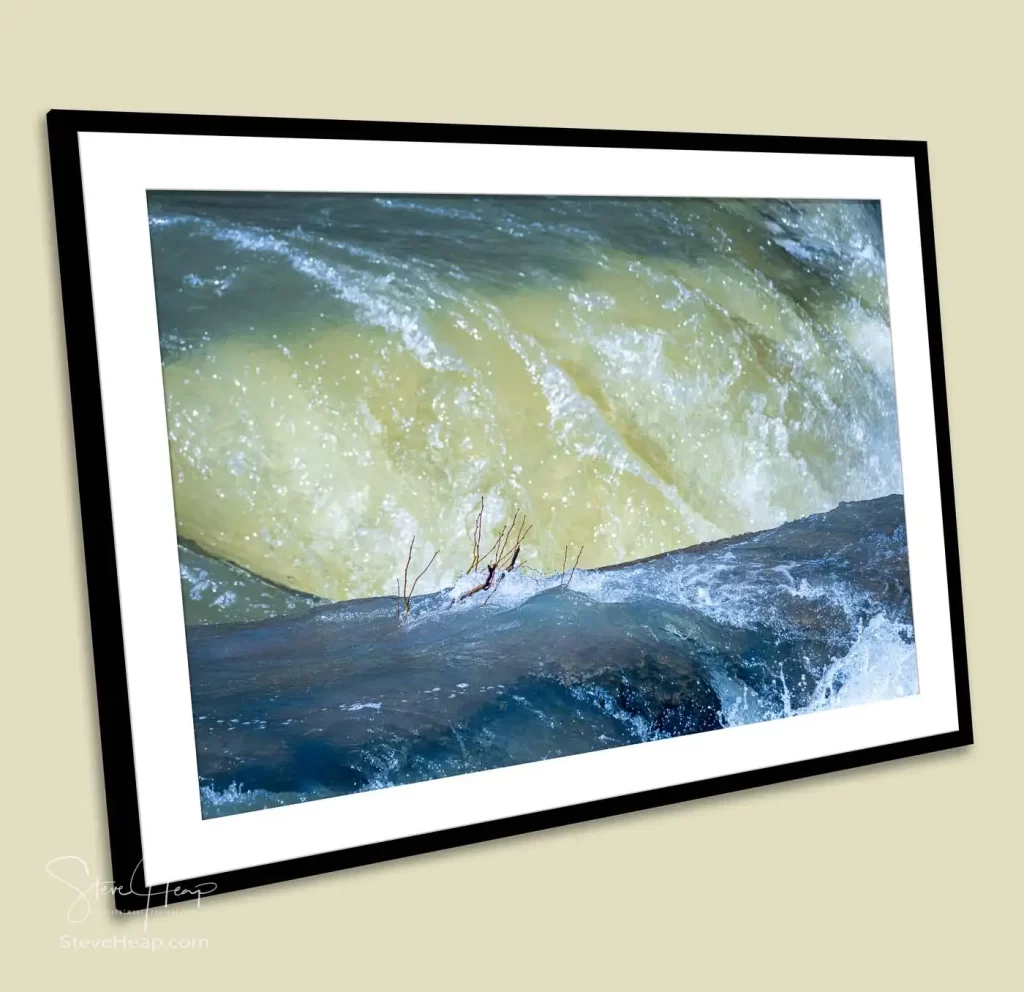 Surging water of the flooded Tygart River in the Valley Falls state park in West Virginia provided as a framed print to a high-end financial office in Texas